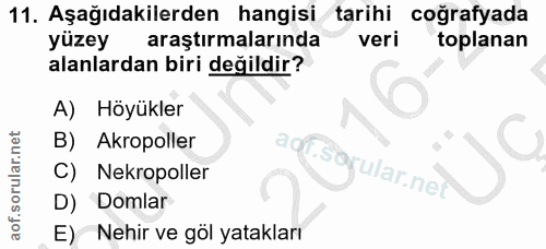 11. soru: Aşağıdakilerden hangisi tarihi coğrafyada yüzey araştırmalarında veri toplanan alanlardan biri değildir? A) Höyükler…