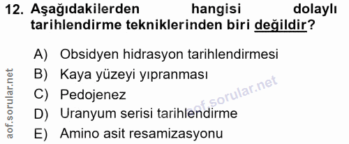 12. soru: Aşağıdakilerden hangisi dolaylı tarihlendirme tekniklerinden biri değildir? A) Obsidyen hidrasyon tarihlendirmesi B)…