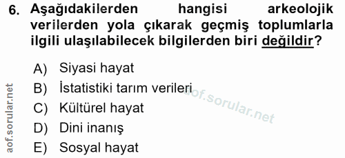 6. soru: Aşağıdakilerden hangisi arkeolojik verilerden yola çıkarak geçmiş toplumlarla ilgili ulaşılabilecek bilgilerden biri…