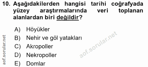 10. soru: Aşağıdakilerden hangisi tarihi coğrafyada yüzey araştırmalarında veri toplanan alanlardan biri değildir? A) Höyükler…