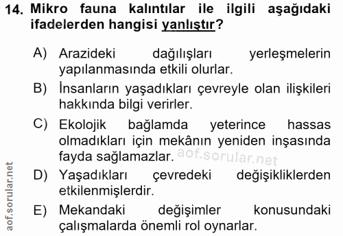 14. soru: Mikro fauna kalıntılar ile ilgili aşağıdaki ifadelerden hangisi yanlıştır? A) Arazideki dağılışları yerleşmelerin yap…