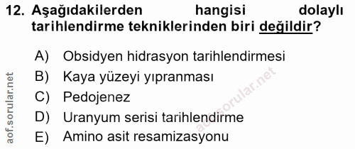 12. soru: Aşağıdakilerden hangisi dolaylı tarihlendirme tekniklerinden biri değildir? A) Obsidyen hidrasyon tarihlendirmesi B)…