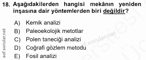 18. soru: Aşağıdakilerden hangisi mekânın yeniden inşasına dair yöntemlerden biri değildir? A) Kemik analizi B) Paleoekolojik m…