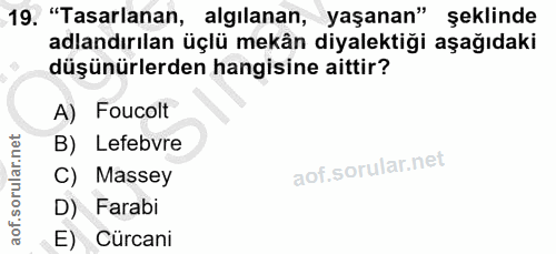19. soru: "Tasarlanan, algılanan, yaşanan" şeklinde adlandırılan üçlü mekân diyalektiği aşağıdaki düşünürlerden hangisine aitti…