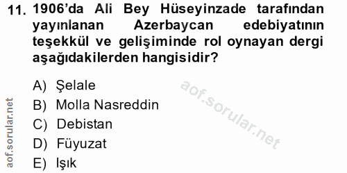 11. soru: 1906'da Ali Bey Hüseyinzade tarafından yayınlanan Azerbaycan edebiyatının teşekkül ve gelişiminde rol oynayan dergi a…