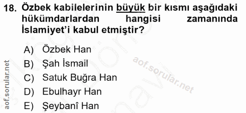 18. soru: Özbek kabilelerinin büyük bir kısmı aşağıdaki hükümdarlardan hangisi zamanında İslamiyet'i kabul etmiştir? A) Özbek H…