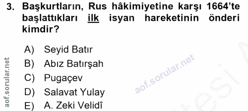 3. soru: Başkurtların, Rus hâkimiyetine karşı 1664'te başlattıkları ilk isyan hareketinin önderi kimdir? A) Seyid Batır B) Abı…