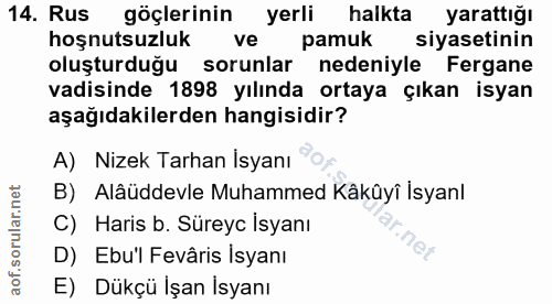 14. soru: Rus göçlerinin yerli halkta yarattığı hoşnutsuzluk ve pamuk | siyasetinin oluşturduğu sorunlar nedeniyle Fergane vadi…