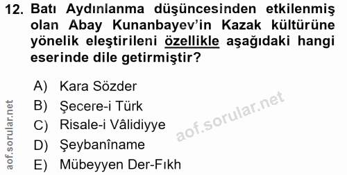 12. soru: Batı Aydınlanma düşüncesinden etkilenmiş olan Abay Kunanbayev'in Kazak kültürüne yönelik eleştirileni özellikle aşağı…