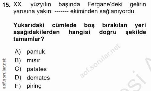 15. soru: XX. yüzyılın başında Fergane'deki gelirin yarısına yakını ---- ekiminden sağlanıyordu. Yukarıdaki cümlede boş bırakıl…