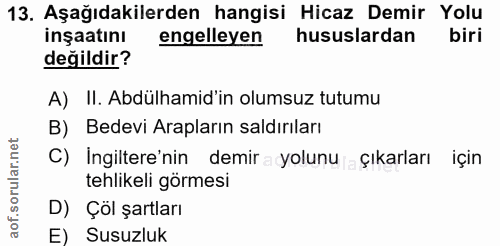 13. soru: Aşağıdakilerden hangisi Hicaz Demir Yolu inşaatını engelleyen hususlardan biri değildir? A) II. Abdülhamid'in olumsuz…
