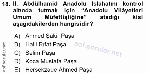18. soru: II. Abdülhamid Anadolu Islahatını kontrol altında tutmak için "Anadolu Vilâyetleri Umum Müfettişliğine" atadığı kişi…