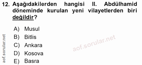 12. soru: Aşağıdakilerden hangisi II. Abdülhamid döneminde kurulan yeni vilayetlerden biri değildir? A) Musul B) Bitlis C) Anka…