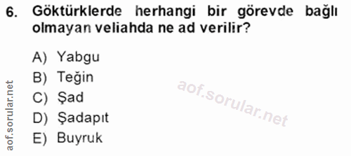 6. soru: Göktürklerde herhangi bir görevde bağlı olmayan veliahda ne ad verilir? A) Yabgu B) Teğin C) Sad D) Şadapıt E) Buyruk