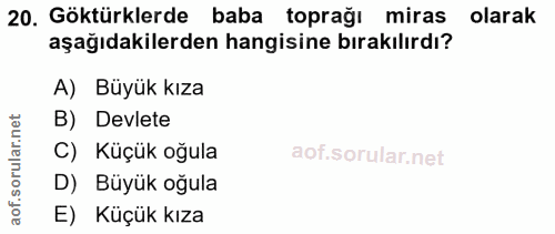 20. soru: Göktürklerde baba toprağı miras olarak : olarak aşağıdakilerden hangisine bırakılırdı? A) Büyük kıza rular.net B) Dev…