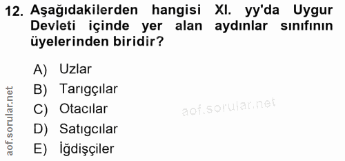 12. soru: Aşağıdakilerden hangisi XI. yy'da Uygur Devleti içinde yer alan aydınlar sınıfının üyelerinden biridir? A) Uzlar B) T…