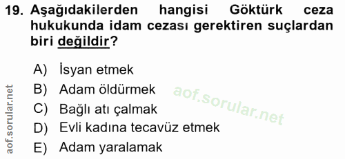 19. soru: Aşağıdakilerden hangisi Göktürk ceza hukukunda idam cezası gerektiren suçlardan biri değildir? A) İsyan etmek B) Adam…