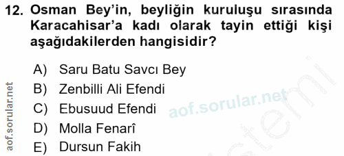 12. soru: Osman Bey'in, beyliğin kuruluşu sırasında Karacahisar'a kadı olarak tayin ettiği kişi aşağıdakilerden hangisidir? A)…