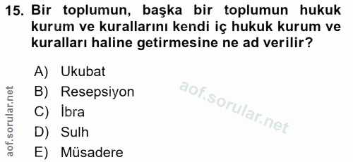 15. soru: Bir toplumun, başka bir toplumun hukuk kurum ve kurallarını kendi iç hukuk kurum ve kuralları haline getirmesine ne a…