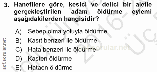 3. soru: Hanefilere göre, kesici ve delici bir aletle gerçekleştirilen adam öldürme eylemi aşağıdakilerden hangisidir? A) Sebe…