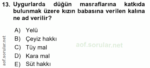 13. soru: Uyurlarda düğün masraflarına katkıda bulunmak üzere kızın babasına verilen kalına ne ad verilir? A) Yelü B) Çeyiz hak…