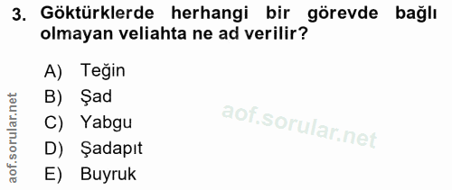 3. soru: Göktürklerde herhangi bir görevde bağlı olmayan veliahta ne ad verilir? A) Teğin B) Şad C) Yabgu D) Şadapıt E) Buyruk