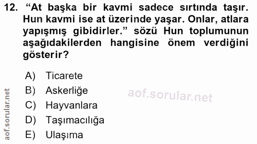 12. soru: "At başka bir kavmi sadece sırtında taşır. Hun kavmi ise at üzerinde yaşar. Onlar, atlara yapışmış gibidirler." sözü…