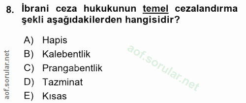 8. soru: İbrani ceza hukukunun temel cezalandırma şekli aşağıdakilerden hangisidir? A) Hapis B) Kalebentlik C) Prangabentlik D…
