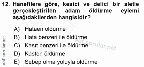 12. soru: Hanefilere göre, kesici ve delici bir aletle gerçekleştirilen adam öldürme eylemi aşağıdakilerden hangisidir? A) Hata…