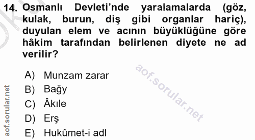 14. soru: Osmanlı Devleti'nde yaralamalarda (göz, kulak, burun, diş gibi organlar hariç), duyulan elem ve acının büyüklüğüne gö…