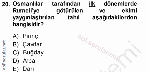 20. soru: Osmanlilar tarafindan ilk dönemlerde Rumeli'ye götürülen ve ekimi yaygınlaştırılan tahıl aşağıdakilerden hangisidir?…