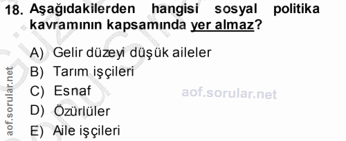 18. soru: Aşağıdakilerden hangisi sosyal politika kavramının kapsamında yer almaz? A) Gelir düzeyi düşük aileler B) Tarım işçil…