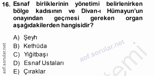 16. soru: Esnaf birliklerinin yönetimi belirlenirken bölge kadısının ve Divan-ı Hümayun'un onayından geçmesi gereken organ aşağ…