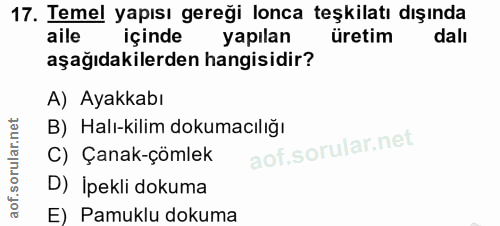 17. soru: Temel yapısı gereği lonca teşkilatı dışında aile içinde yapilan üretim dalı aşağıdakilerden hangisidir? A) Ayakkabı B…