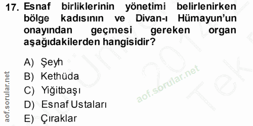 17. soru: Esnaf birliklerinin yönetimi belirlenirken Divan-ı Hümayun'un bölge kadısının ve onayindan geçmesi gereken organ aşağ…