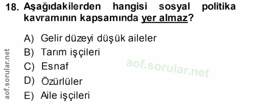 18. soru: Aşağıdakilerden hangisi sosyal politika kavramının kapsamında yer almaz? A) Gelir düzeyi düşük aileler B) Tarım işçil…
