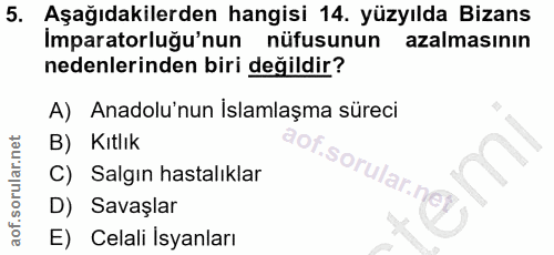5. soru: Aşağıdakilerden hangisi 14. yüzyılda Bizans Imparatorluğu'nun nüfusunun azalmasının nedenlerinden biri değildir? A) A…