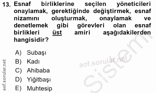 13. soru: Esnaf birliklerine seçilen yöneticileri onaylamak, gerektiğinde değiştirmek, esnaf nizamını oluşturmak, onaylamak ve…