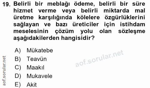 19. soru: Belirli bir meblağı ödeme, belirli bir süre hizmet verme veya belirli miktarda mal üretme karşılığında kölelere özgür…