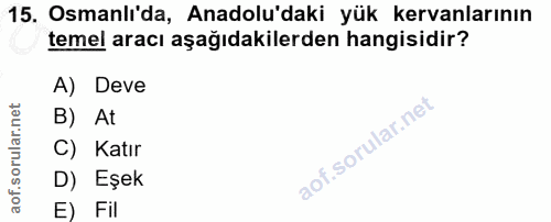 15. soru: Osmanlı'da, Anadolu'daki yük kervanlarının temel aracı aşağıdakilerden hangisidir? A) Deve B) At C) Katır D) Eşek E) Fil