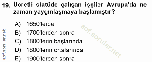 19. soru: Ücretli statüde çalışan işçiler Avrupa'da ne zaman yaygınlaşmaya başlamıştır? A) 1650 lerde B) 1700'lerden sonra C) 1…