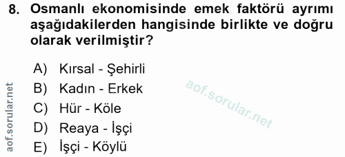 8. soru: Osmanlı ekonomisinde emek faktörü ayrımı aşağıdakilerden hangisinde birlikte ve doğru olarak verilmiştir? A) Kırsal -…