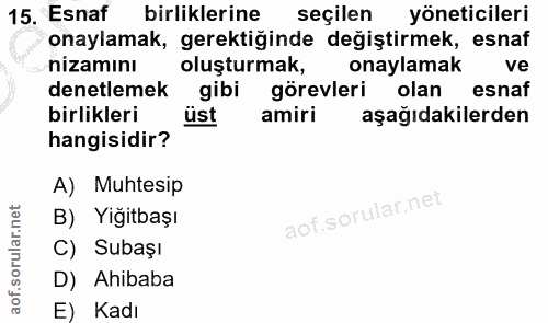 15. soru: Esnaf birliklerine seçilen yöneticileri onaylamak, gerektiğinde değiştirmek, esnaf nizamını oluşturmak, onaylamak ve…