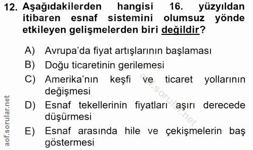 12. soru: Aşağıdakilerden hangisi 16. yüzyıldan itibaren esnaf sistemini olumsuz yönde etkileyen gelişmelerden biri değildir? A…
