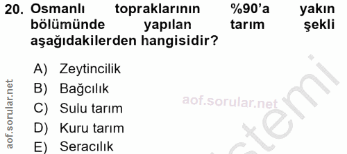 20. soru: Osmanlı topraklarının %90'a yakın bölümünde yapılan tarım şekli aşağıdakilerden hangisidir? A) Zeytincilik B) Bağcılı…