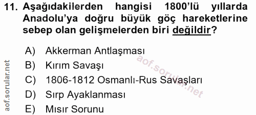 11. soru: Aşağıdakilerden hangisi 1800'lü yıllarda Anadolu'ya doğru büyük göç hareketlerine sebep olan gelişmelerden biri değil…