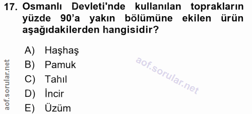 17. soru: Osmanlı Devletinde kullanılan toprakların yüzde 90'a yakın bölümüne ekilen ürün aşağıdakilerden hangisidir? A) Haşhaş…