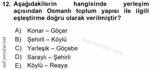 12. soru: Aşağıdakilerin hangisinde yerleşim açısından Osmanlı toplum yapısı ile ilgili eşleştirme doğru olarak verilmiştir? A)…