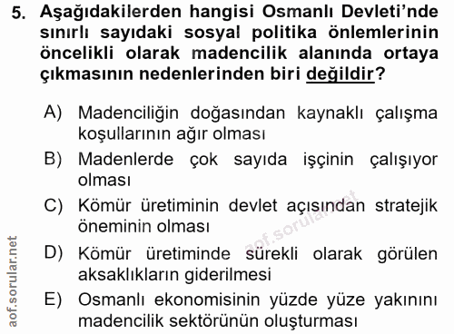 5. soru: Aşağıdakilerden hangisi Osmanlı Devleti'nde sınırlı sayıdaki sosyal politika önlemlerinin öncelikli olarak madencilik…