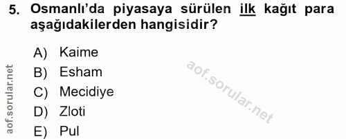 5. soru: Osmanlı'da piyasaya sürülen ilk kağıt para aşağıdakilerden hangisidir? A) Kaime B) Esham C) Mecidiye D) Zloti E) Pul